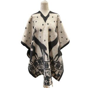 Vintage Mexican Wool Poncho Blanket Deer Southeastern Boho